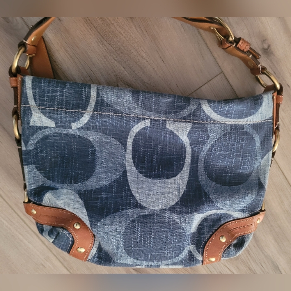 Coach Signature C Shoulder Handbag Fabric Blue With Brown Leather Strap.